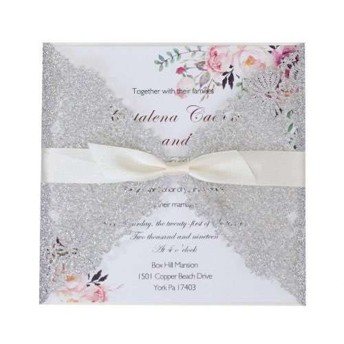 Invitation Card With Ribbon Bow Wedding Invitation Card Laser Cut Glitter Paper